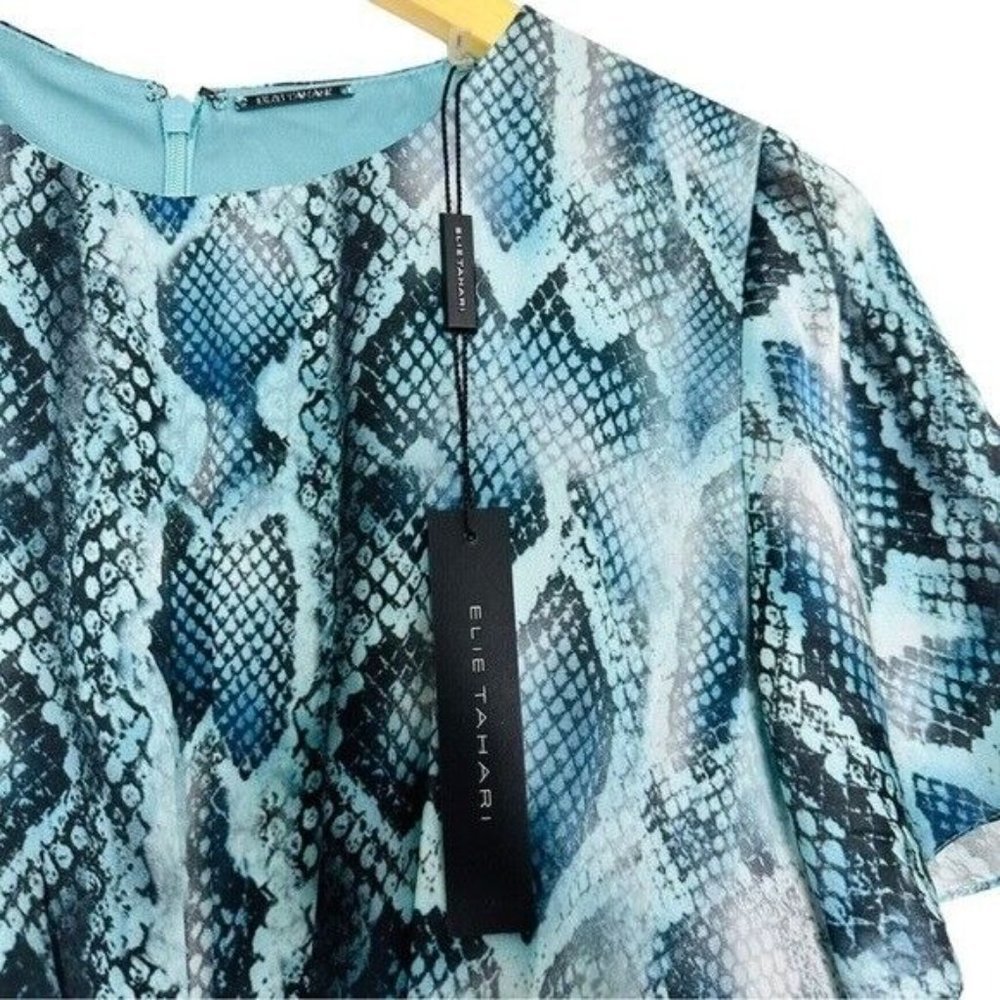 Elie Tahari  Dia Gathered Snake-Print Silk-Satin Mini Dress Turquoise Size 4 - Picture 9 of 15